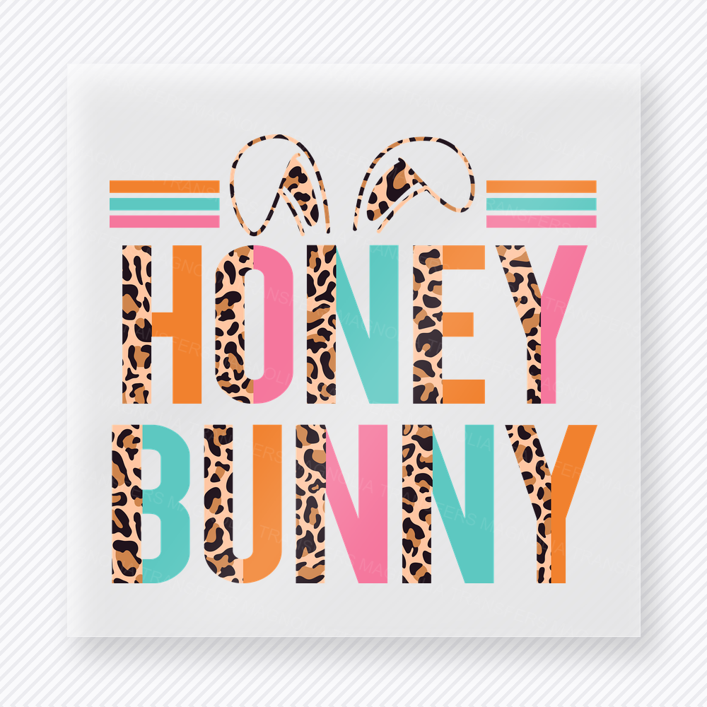 Honey Bunny Bright Easter DTF transfer mockup with Honey Bunny lettering with leopard bunny ears and bright stripes