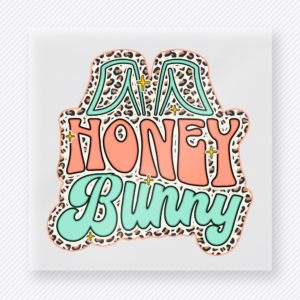 Da Honey Bunny Mint Easter DTF transfer mockup with Da Honey Bunny lettering with leopard outline and mint accents