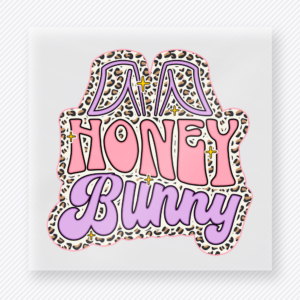 Da Honey Bunny Purple Easter DTF transfer mockup with Da Honey Bunny lettering with leopard outline and purple accents