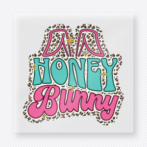 Da Honey Bunny Pink Easter DTF transfer mockup with Da Honey Bunny lettering with leopard outline and pink accents