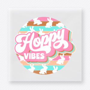 Hoppy Vibes Pastel Easter DTF transfer mockup with Hoppy Vibes lettering over pastel bunny pattern circle