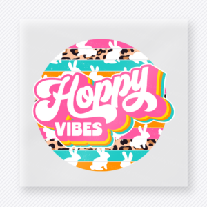 Hoppy Vibes Leopard Easter DTF transfer mockup with Hoppy Vibes lettering over leopard and bunny pattern circle