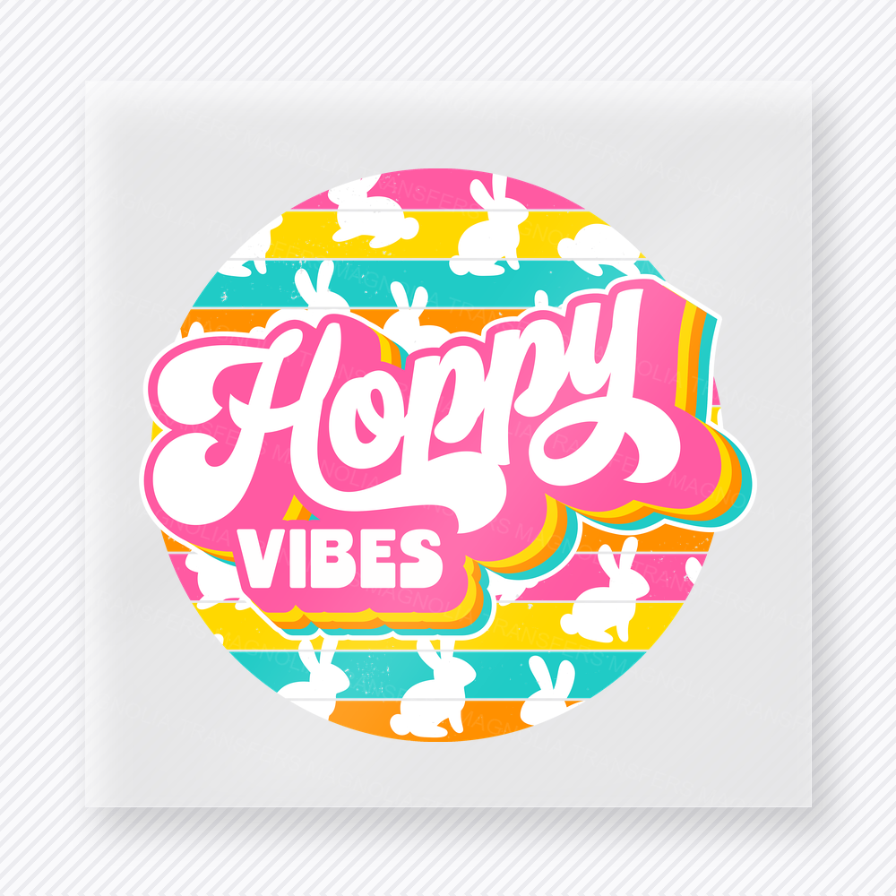 Hoppy Vibes Bright Easter DTF transfer mockup with Hoppy Vibes lettering over bright bunny pattern circle