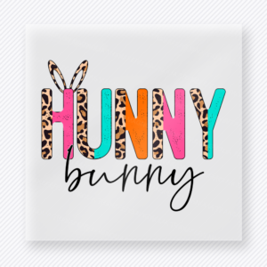 Hunny Bunny Bright Easter DTF transfer mockup with Hunny Bunny lettering with colorful pattern and bunny ears