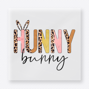 Hunny Bunny Leopard Easter DTF transfer mockup with Hunny Bunny lettering with leopard pattern and bunny ears