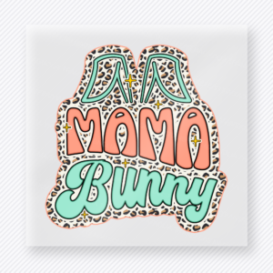 Da Mama Bunny Mint Easter DTF transfer mockup with Da Mama Bunny lettering with leopard outline and mint accents