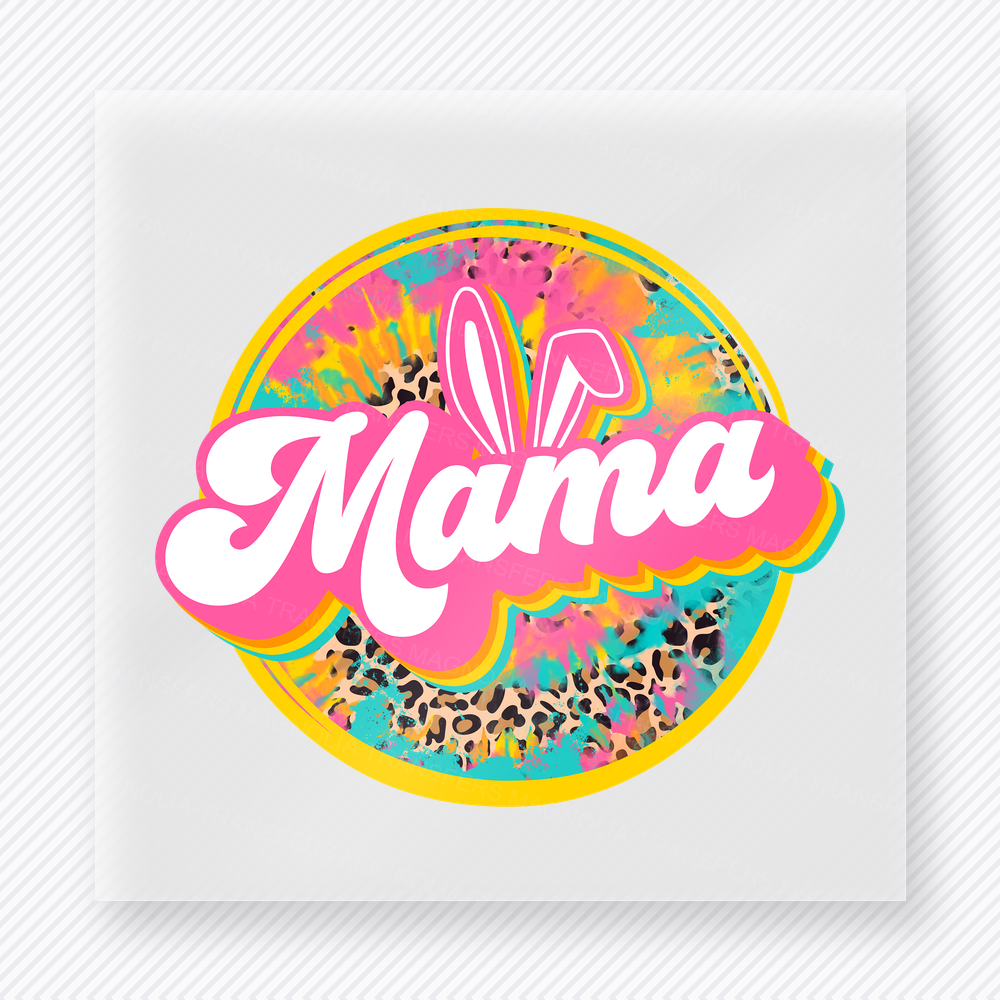 Mama Retro Bunny Circle Easter DTF transfer mockup with retro Mama lettering with bunny ears inside a circular design
