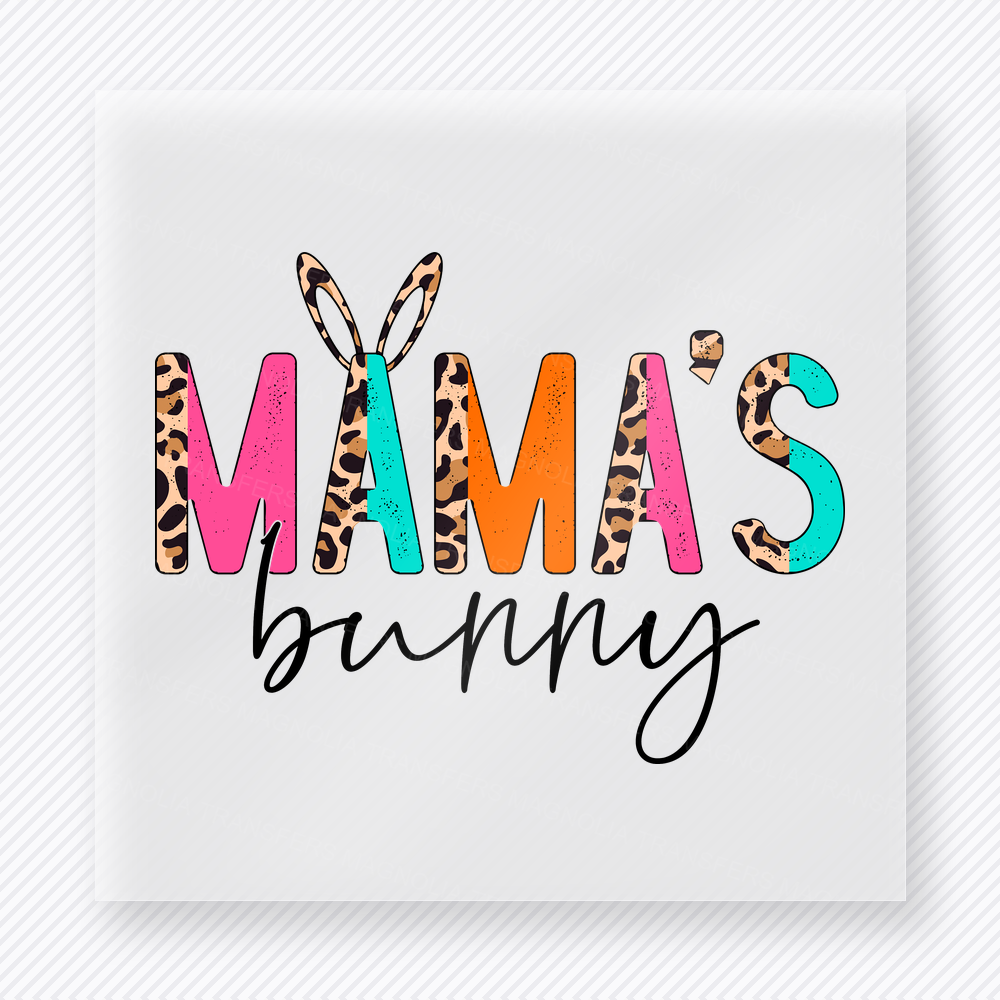 Mimis Bunny Bright Leopard Easter DTF transfer mockup with Mimis Bunny lettering with bright colors and leopard bunny ears