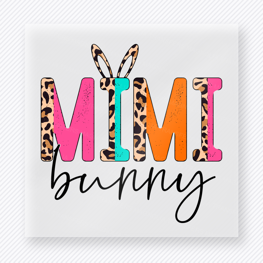 Mimi Bunny Bright Leopard Easter DTF transfer mockup with Mimi Bunny lettering with bright colors and leopard bunny ears