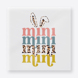 Mini Stacked Pastel Leopard Easter DTF transfer mockup with stacked Mini lettering in pastel colors with leopard accents