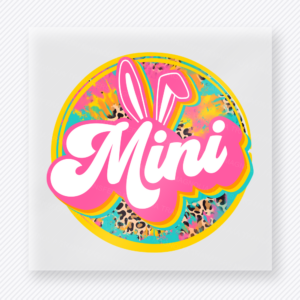 Mini Retro Bunny Circle Pastel Easter DTF transfer mockup with pastel retro Mini lettering with bunny ears inside a circular design