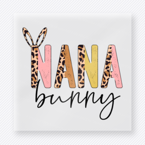 Nana Bunny Pastel Leopard Easter DTF transfer mockup with Nana Bunny lettering with pastel colors and leopard bunny ears