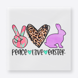Peace Love Easter Purple Bunny Easter DTF transfer mockup with Peace Love Easter symbols with leopard heart and purple bunny