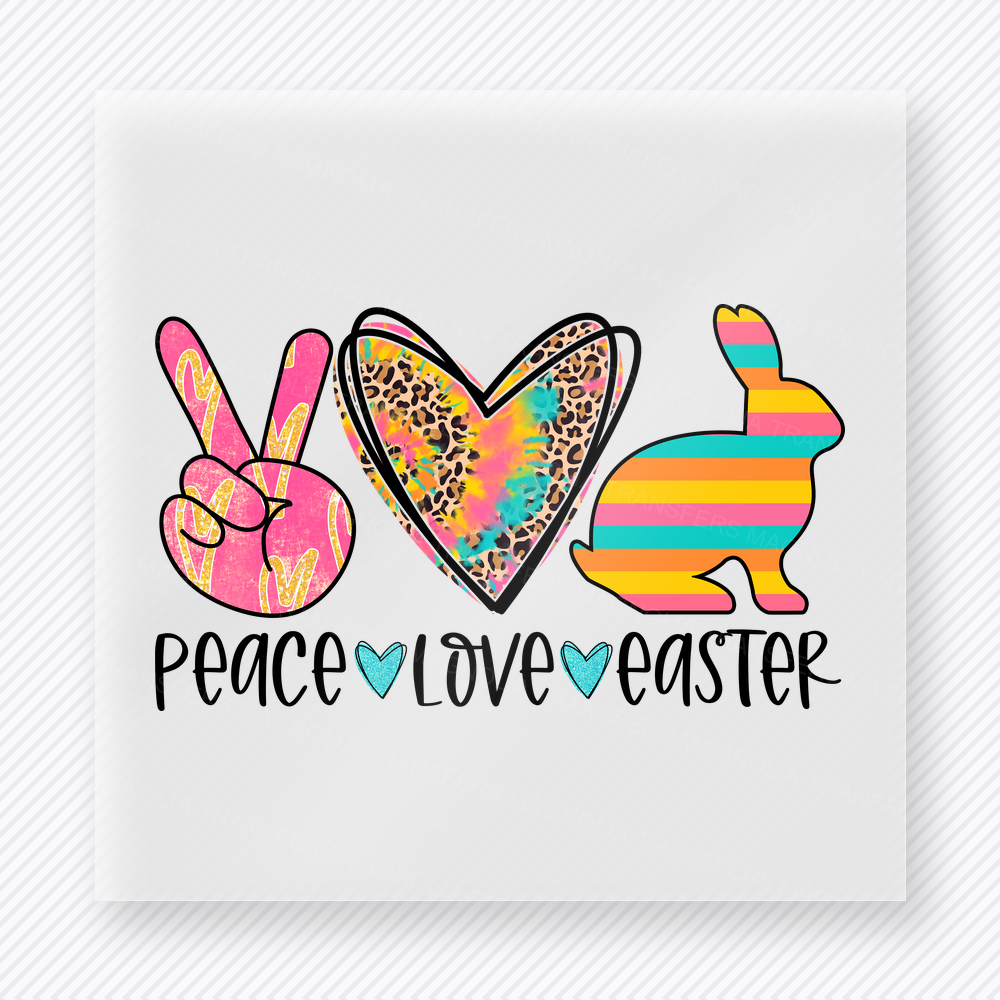 Peace Love Easter Orange Bunny Easter DTF transfer mockup with Peace Love Easter symbols with striped heart and orange bunny