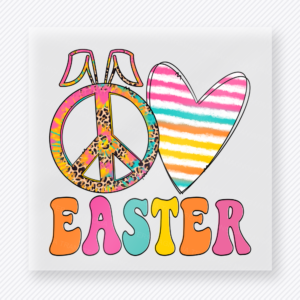 Peace Love Easter Pastel Bunny Easter DTF transfer mockup with Peace Love Easter symbols with pastel bunny and heart accents