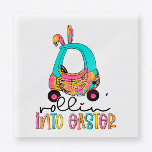 Rollin Into Easter Leopard Car Easter DTF transfer mockup with Rollin Into Easter lettering with teal car and leopard accents