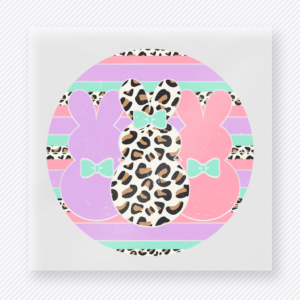 Peep Squad Pastel Leopard Bunny Easter DTF transfer mockup with Peep Squad circle design with pastel stripes and leopard bunny