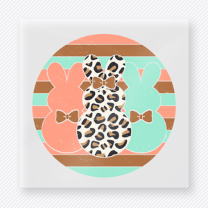 Peep Squad Earth Tone Leopard Bunny Easter DTF transfer mockup with Peep Squad circle design with earth tone stripes and leopard bunny
