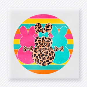 Peep Squad Bright Leopard Bunny Easter DTF transfer mockup with Peep Squad circle design with bright stripes and leopard bunny