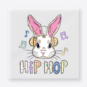 Hip Hop Headphones Bunny Easter DTF transfer mockup with bunny wearing headphones with Hip Hop lettering