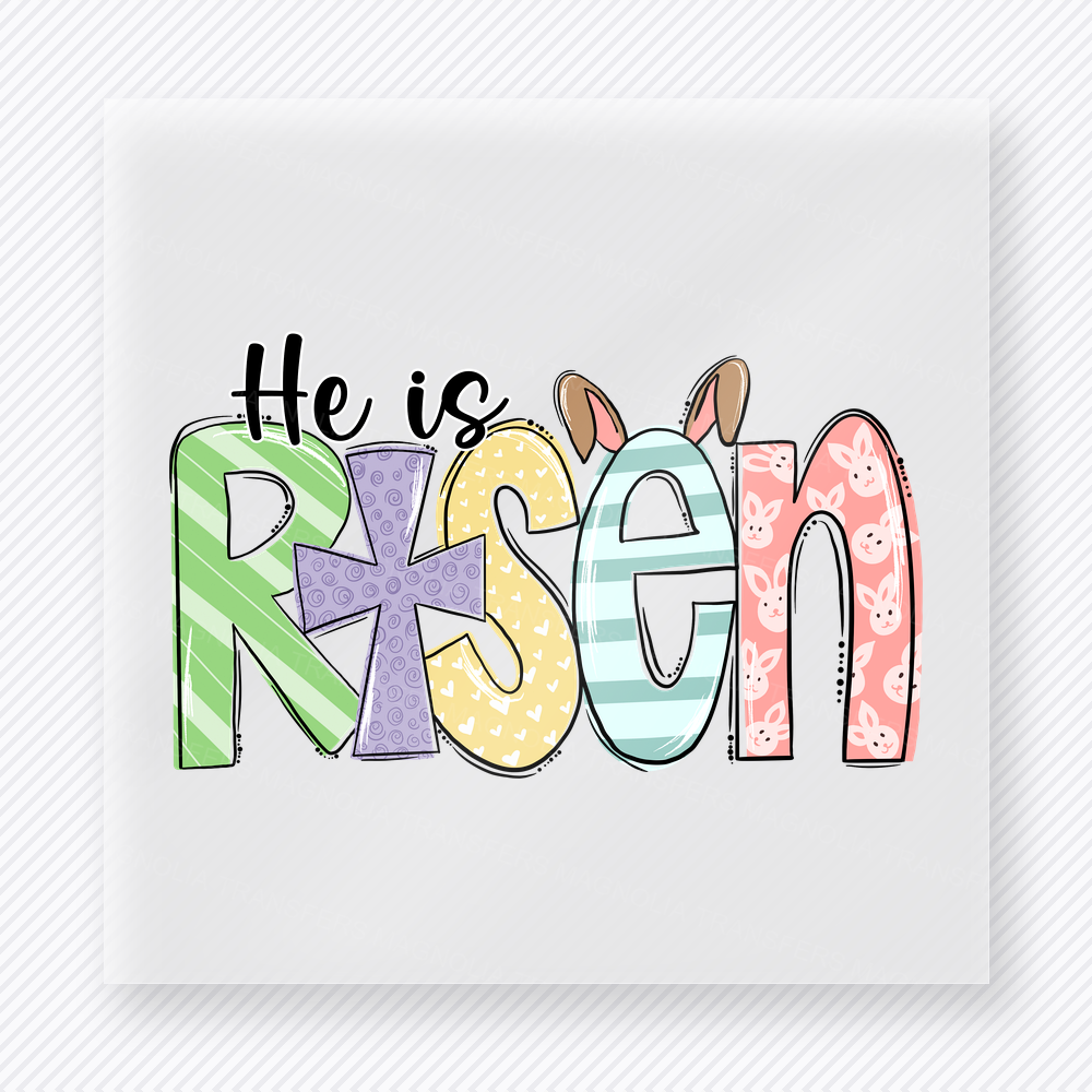 He Is Risen Pastel Letters Easter DTF transfer mockup with He Is Risen lettering in pastel colors