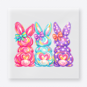 Colorful Bunny Trio Easter DTF transfer mockup with three bright watercolor bunnies with bows and floral accents