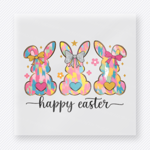 Happy Easter Floral Bunnies Easter DTF transfer mockup with three floral bunnies with Happy Easter script