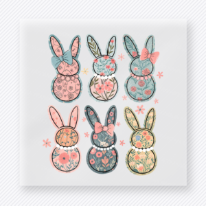 Patchwork Bunny Faces Easter DTF transfer mockup with six patchwork bunny faces with spring florals