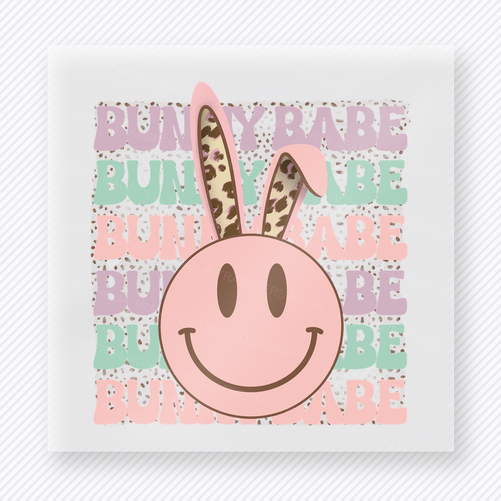 Bunny Babe Smiley Leopard Easter DTF transfer mockup with Bunny Babe repeated background with leopard smiley bunny