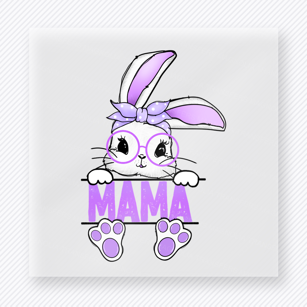 Mama Purple Easter Bunny Easter DTF transfer mockup with purple Mama lettering with peeking bunny and paws