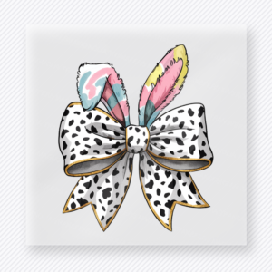 Dalmatian Bunny Bow Easter DTF transfer mockup with bunny ears with dalmatian bow and pastel plaid accents