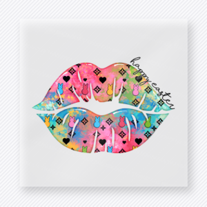Tie Dye Bunny Lips Easter DTF transfer mockup with colorful tie-dye lips with bunny accent