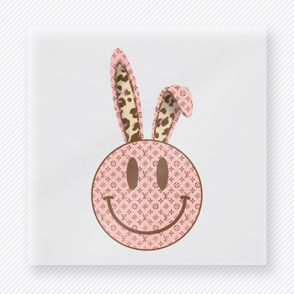 Leopard Smiley Bunny Face Easter DTF transfer mockup with pink leopard smiley face with bunny ears