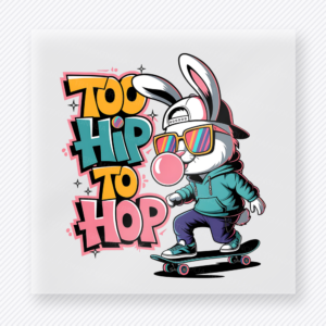 Too Hip To Hop Blue Bunny Easter DTF transfer mockup with Too Hip To Hop wording with blue skater bunny