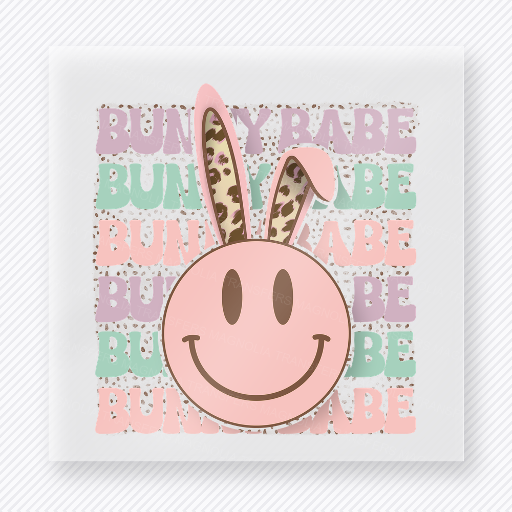 Bunny Babe Speckled Pastel Easter DTF transfer mockup with Bunny Babe repeated background with speckled pastel smiley bunny