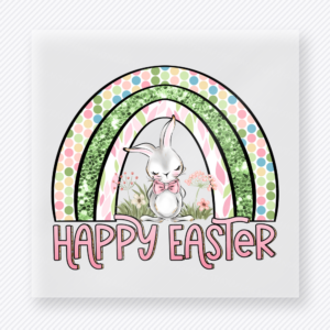 Happy Easter Rainbow Bunny Easter DTF transfer mockup with Happy Easter lettering with rainbow, bunny, and pastel dots