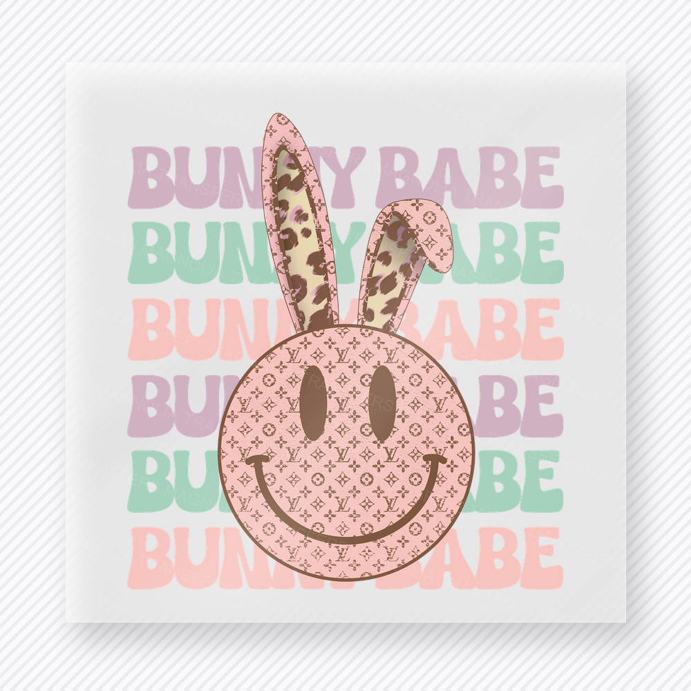 Bunny Babe Pastel Leopard Easter DTF transfer mockup with Bunny Babe repeated background with pink leopard smiley bunny