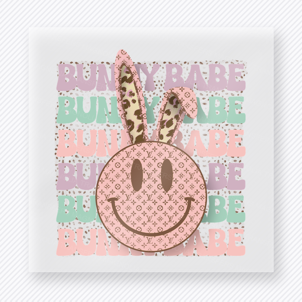 Bunny Babe Speckled Smiley Easter DTF transfer mockup with Bunny Babe repeated background with speckled smiley bunny