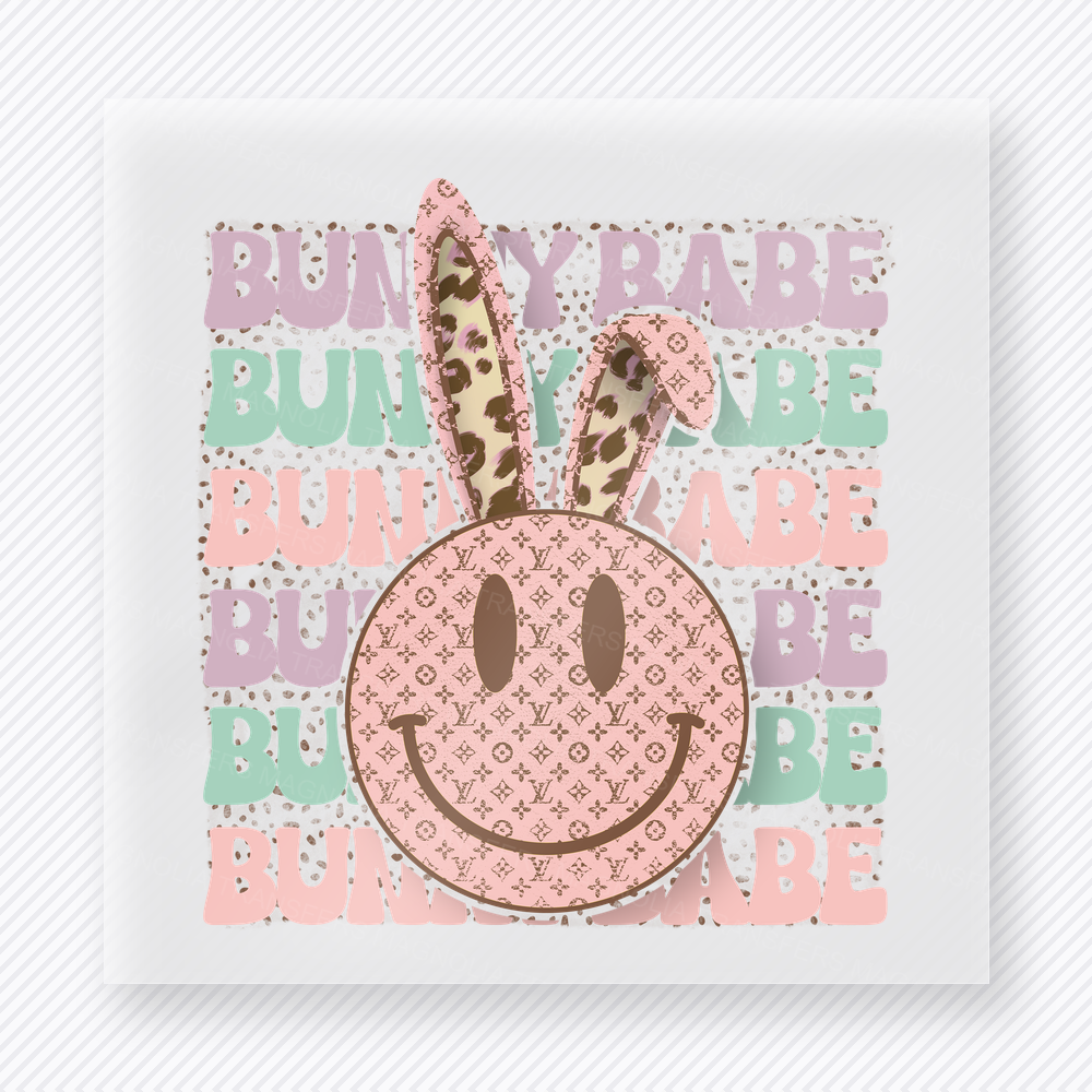 Bunny Babe Speckled Leopard Easter DTF transfer mockup with Bunny Babe repeated background with speckled pink leopard smiley bunny