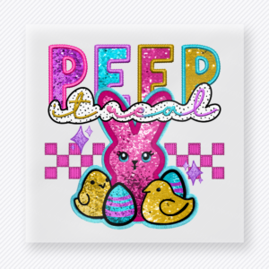 Peep Squad Checkered Bunny Easter DTF transfer mockup with Peep Squad lettering with checkered background, bunny, chick, and eggs