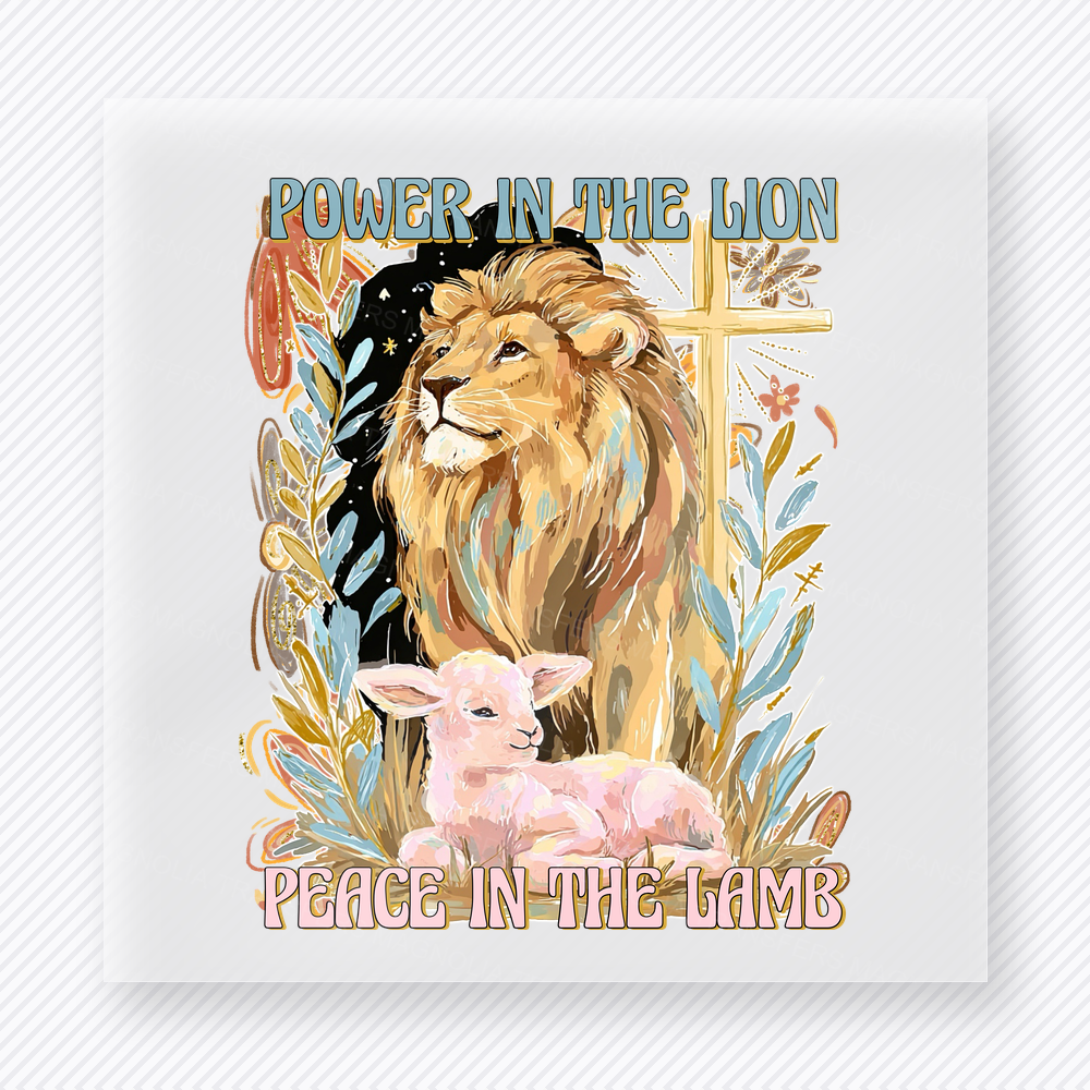 Power in the Lion Peace in the Lamb Christian DTF transfer with lion, lamb, cross, and botanical artwork