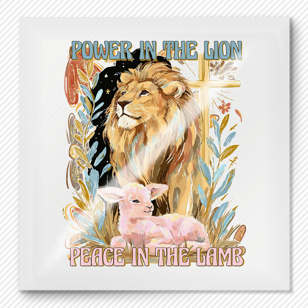 Power in the Lion Peace in the Lamb Christian DTF transfer featuring a lion, lamb, and cross