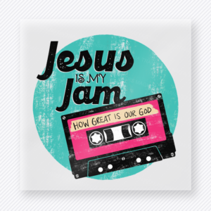 Jesus Is My Jam Christian DTF transfer with teal circle and pink cassette tape
