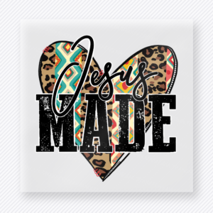 Jesus Made Christian DTF transfer with leopard print heart and colorful lightning bolt