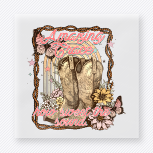 Amazing Grace How Sweet the Sound Christian DTF transfer with elephant, rustic florals, and vintage frame