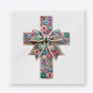 Floral cross Christian DTF transfer with teal bow and pink floral pattern