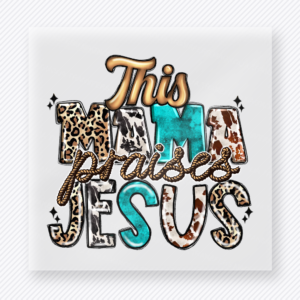 This Mama Loves Jesus Christian DTF transfer with leopard, floral, and teal patterned letters