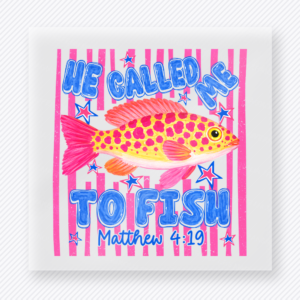 He Called Me To Fish Christian DTF transfer with colorful fish, stars, stripes, and Matthew 4:19