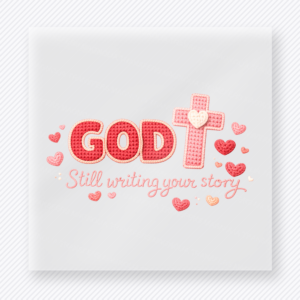 God Is Still Writing Your Story Christian DTF transfer with pink cross and hearts