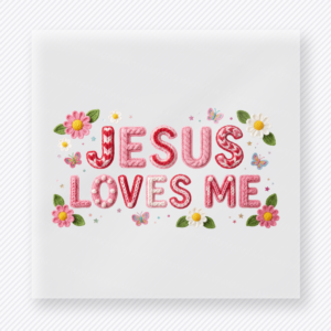 Jesus Loves Me Christian DTF transfer with red patterned letters, flowers, and green accents